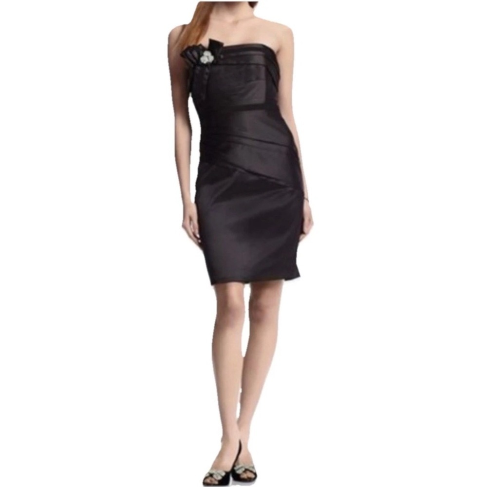 White House Black Market Strapless Black Satin Wiggle Dress Size 14 Pleated Trim